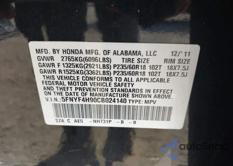 2012 Honda Pilot Touring from USA, damaged, VIN 5FNYF4H90CB024140